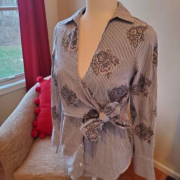 Zara Woman striped floral tie collared shirt XS - Picture 5 of 11